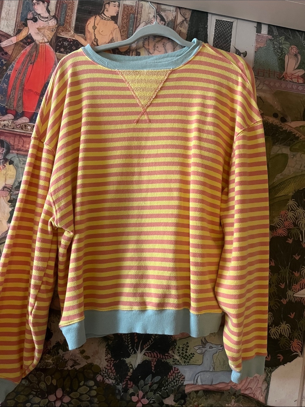 We The Free Yellow and Pink Striped Crewneck Sweater with Light Blue Trim